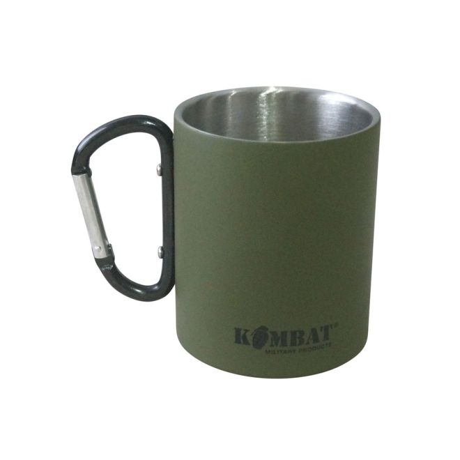 Военно канче Kombat 330ml с двойна изолация, карабинер и матово зелено покритие за outdoor и тактически употреба