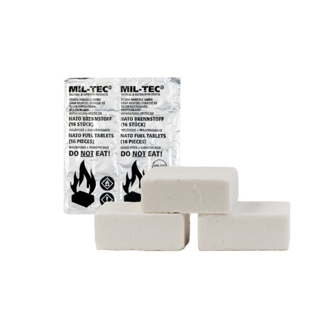Таблетки подпалки за огън Mil-Tec NATO Fuel Tablets 16 бр. от дървесни влакна и парафин за бързо разпалване на огън.