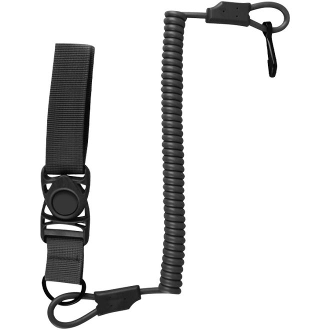 Осигурителен кабел за пистолет Kombat Tactical Lanyard – черен тактически ремък с регулируема дължина и бързосваляща се катарама за колан