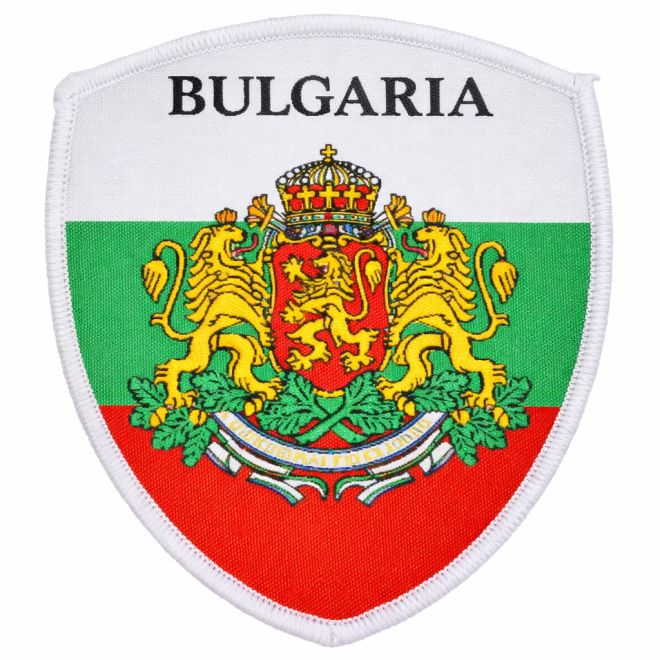 Текстилна нашивка щит с българско знаме, герб и надпис Bulgaria
