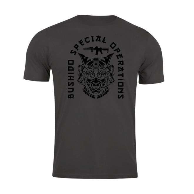 Тениска с щампа Bushido Spec Ops Dark Steel – тъмносивa тениска Brannik Tactical с черна щампа, вдъхновена от самурайския кодекс Бушидо.